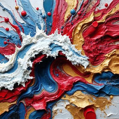 The primary subject of the image is a painting featuring a colorful, swirling design. The painting is set against a white background, which provides a clean and contrasting backdrop. The visual style of the painting appears to be a mix of digital art and illustration, creating a unique and eye-catching piece. The dominant colors in the painting are red, blue, and yellow, which contribute to a vibrant and lively atmosphere.